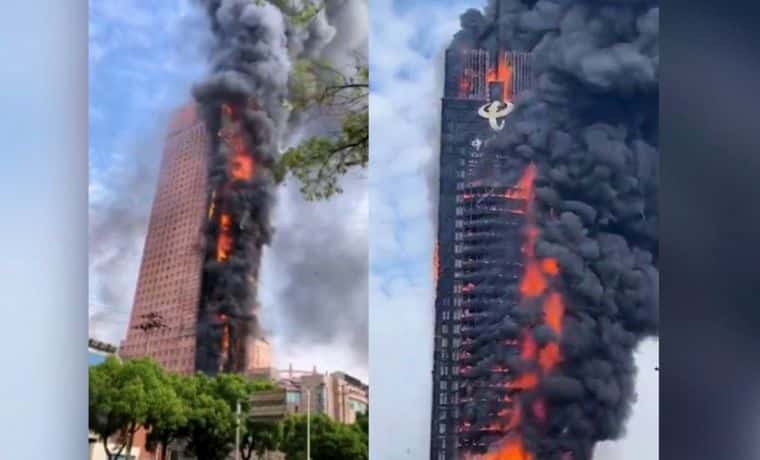 Impresionante incendio en una torre de China de 200 metros de altura